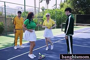 two milfs' tennis match explodes into pussy-pounding foursome!