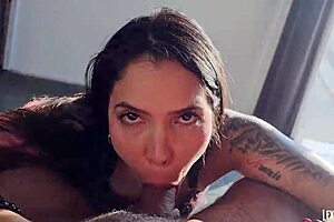 petite colombian drops knees for sloppy cum-gulping blowjob