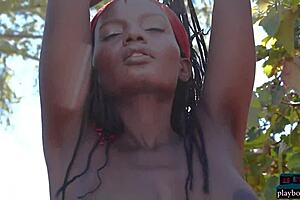 Shasta Wonder strips big natural ebony tits outdoors 🔥🌳😍 milf model tease vibes 💦🍈