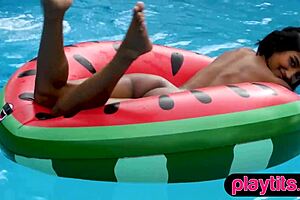 Want this petite tanned Asian milf's juicy tits and hairy pussy outdoors?