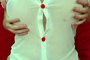 Blonde curvy amateur bounces huge fake tits in see-through dress closeup