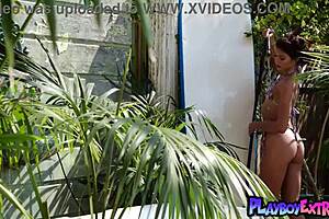 petite asian milf hannah le strips tiny bikini poses nude outdoor shower!