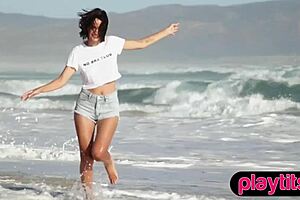 petite brunette babe strips panties with asian milf outdoors ripping clothes naked beach tease!