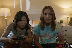 little asian stepsister lulu chu spots stepbro stroking to busty milf stepmom