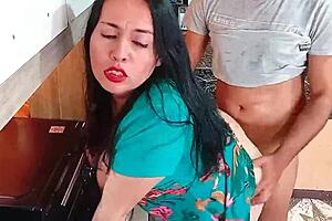 He rams his throbbing cock into stepmom's juicy kitchen pussy relentlessly