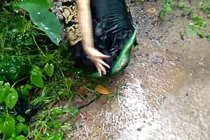 whoa check out this huge boobs stepmom jamming giant dildo in rain forest public...