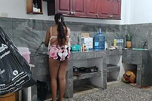 wanna see this busty ebony maid masturbate in kitchen?