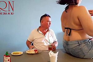 Does naked waitress let restaurant guest eat from her navel?