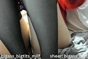 Latina milf masturbates in black pantyhose showing big tits ass hole feet.