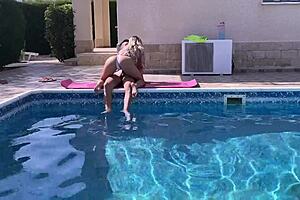 neighbor's hot milf bent over poolside taking it doggy deep in her juicy wet pussy