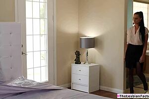 Petite teen housekeeper gets seduced by her busty lesbian milf boss into pussy licking 69