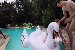 Needy stepmom joins outdoor public threesome to get her pussy free used hard.