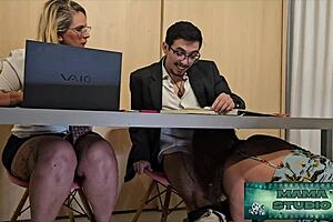 mama studio milf sneaks under desk for brazilian big cock office sex