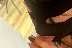 Red lipstick milf blows huge cock then takes hardcore doggy in fishnet lingerie facial?