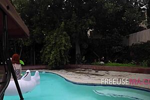 Needy stepmom joins outdoor public threesome to get her pussy free used hard.