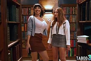 busty latina milf libarian lures teen babe into hot lesbo lickin!