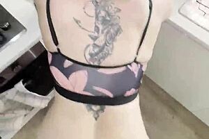Step son rams pretty fat amateur mommy's wet kitchen pussy with huge cock tattooed beauty.