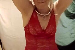 omg this slave milf in red body flashing stockings solo 🔥😈