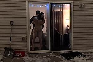 wife bends over doggystyle while hubby watches then creampies her on christmas