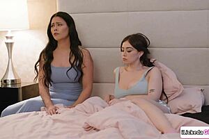 Petite Shaved Lesbian Stepdaughter Facesits and Licks Big Tits Asian Stepmom Pussy!