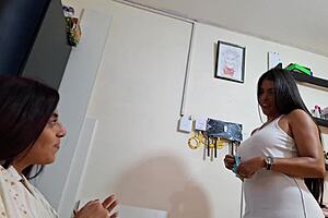 Busty stepmom seduces curvy stepdaughter for kitchen pussy licking