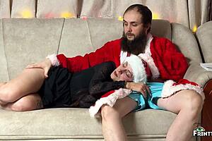 stepmom sneaks facial cumshot from stepson sharing tight christmas couch