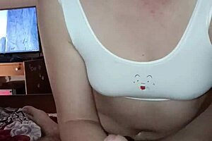 caring korean milf strokes cock close-up till bed cumshot explodes!