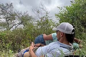 On the mountain peak she took it hard in real outdoor action