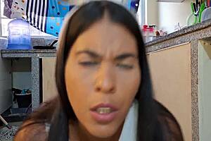 Busty stepmom seduces curvy stepdaughter for kitchen pussy licking