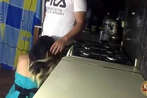 petite hermanastra gets quick anal fuck in kitchen bent over while family rests homemade facial