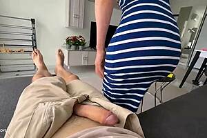 Stepmom spots stepson's boner during cleaning and drains it on her huge ass