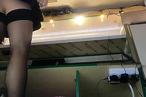 tracy's teasing upskirt flashes her shaved pussy and stockings at work part 3