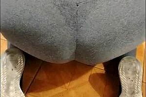 madrasta's see-through legging clings to her big tits ass while cleaning, voyeur milf flashing panties in kitchen