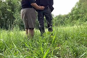 ever catch your hairy mother-in-law flashing wet pussy while sucking big cock outdoors?