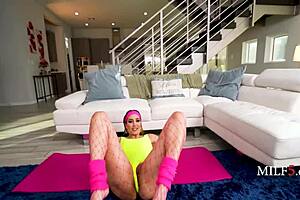 curvy fat milf cougar yoga stretches into retro gym fucking