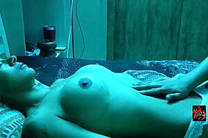 skinny brunette milf gets tantric massage on bed spreading narrow ass for cute short hair pleasure