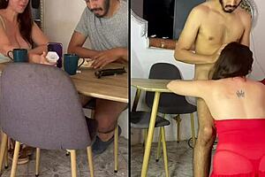 Real mature and young latina feast on cock at breakfast table... hairy curves shaking