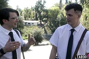 young religious guys surround huge titted granny dee williams stroking their big cocks ready to convert her