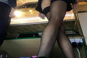 tracy's teasing upskirt flashes her shaved pussy and stockings at work part 3