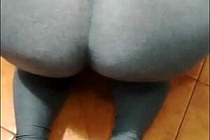 madrasta's see-through legging clings to her big tits ass while cleaning, voyeur milf flashing panties in kitchen