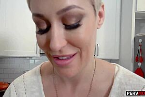 Step-mom with short hair bent over kitchen counter for pounding?