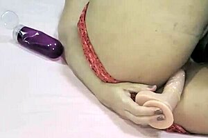 Curvy wife rides hubby in red dress double toy dildo stretch