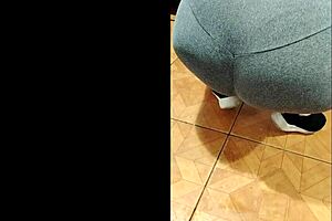 madrasta's see-through legging clings to her big tits ass while cleaning, voyeur milf flashing panties in kitchen