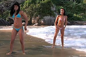 brazilian milf joins threesome fingering stockings-clad pussy on bed with anal gaping