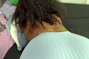 Ebony milf takes young white boy's anal creampie pov