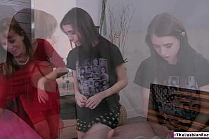 petite brunette teen sneaks over to lick milf neighbor's shaved pussy in hot lesbian hookup