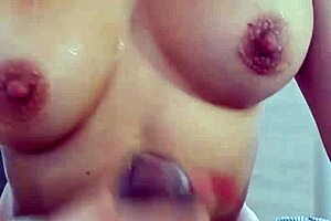 i woke bro stroking his cock handjob till he cums on my huge tits