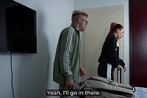 stepmom unwraps stepson's secret vibrator gift on new year's eve hotel bed, riding it wildly together