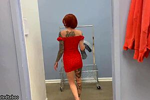Step mom sneaks in mall changing room to deepthroat step son's cock publicly then ride