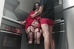 damn, stepmom's big ass bent over kitchen counter for raw stepson pounding creampie!